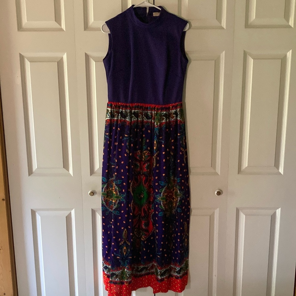 Vtg 70’s maxi dress  purple paisley multi color sleeveless mock turtleneck hippy